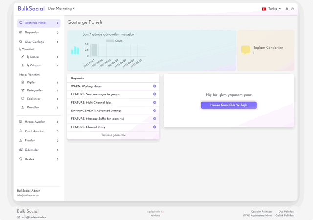 BulkSocial - WhatsApp, Telegram ve Instagram için toplu mesaj sistemi. (Proje durduruldu - artık hizmet vermemektedir)